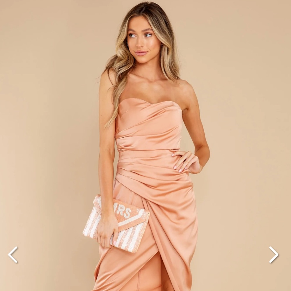 First Dance Peach Midi Strapless Satin Dress